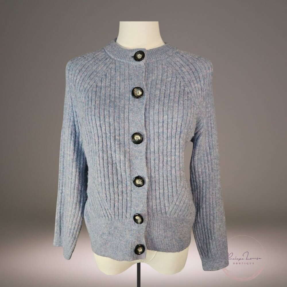 M&S Collection Chunky Ribbed Cardigan – Heather Blue – Button Front – Size M